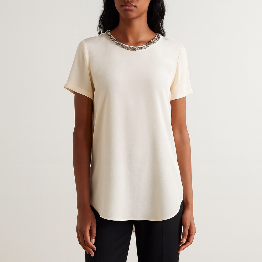 3.1 Phillip Lim Cream Short Sleeve Split Hem Tunic Top Beaded Jewel Neckline